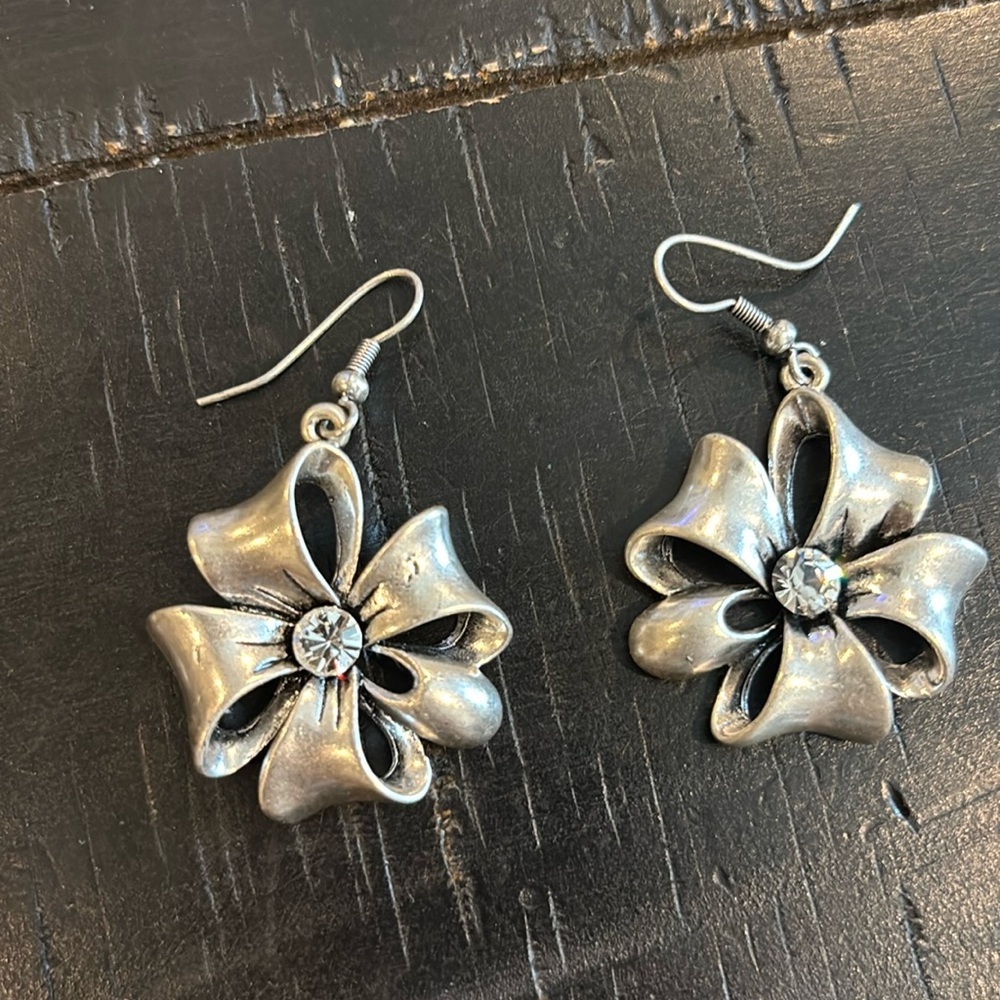 Bow Silvertone Rhinestone Dangle Hook Earrings - image 2